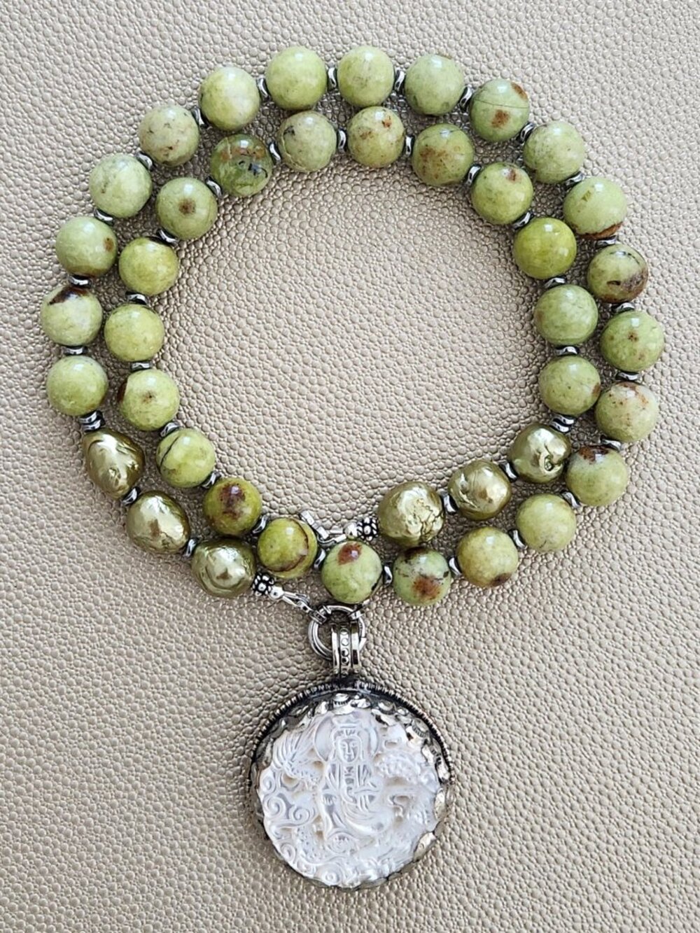 GREEN AFRICAN DENDRITIC OPAL NECKLACE W/ KWAN YIN--20"